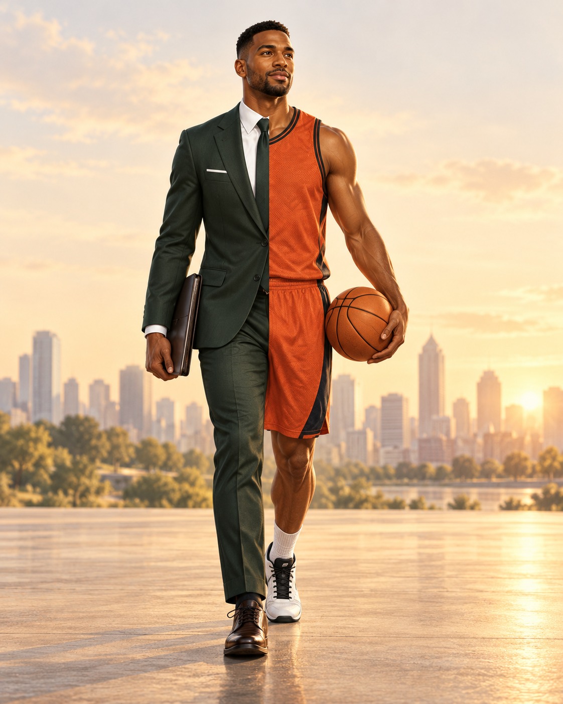 A basketball player stepping toward his next chapter, wearing a jersey on one side and a professional suit on the other.